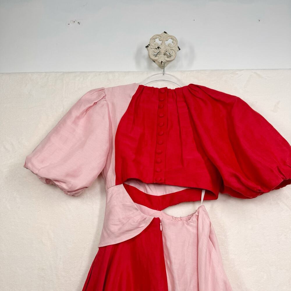 Aje Impermanence Entwined Midi Dress Pink Red Silk Puff Sleeve Party Size XXS - Picture 7 of 16